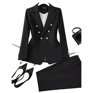 Blazer Sets Women Black  Suits Wear 2 Piece  Straight Pant Suits size S #200